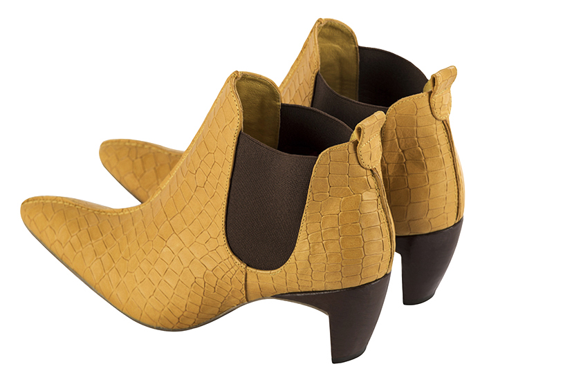 Women's mustard yellow and dark brown elegant Chelsea ankle boots, with side elastics. Tapered toe. Medium comma heels - Rear view